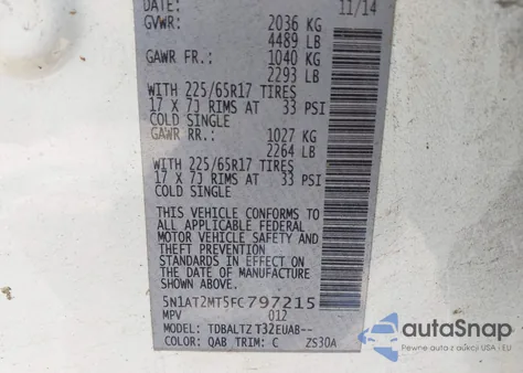 2015 Nissan Rogue Sv z USA, uszkodzony, nr VIN 5N1AT2MT5FC797215